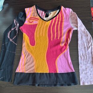 Custo Barcelona Striped V-Neck Knit Top in Pink, Yellow, Black